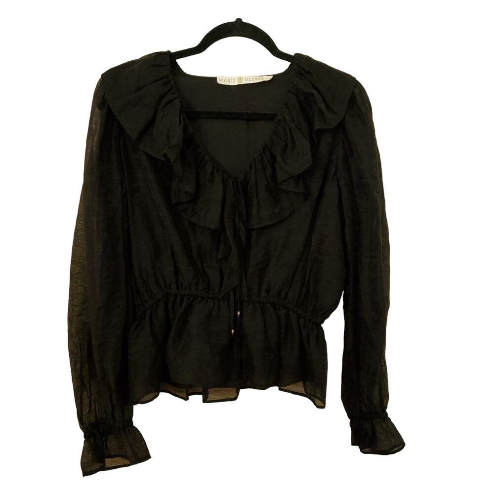 Marie Oliver Blouse Small Black Ruffle Peplum Long Sleeve V Neck Top Shirt